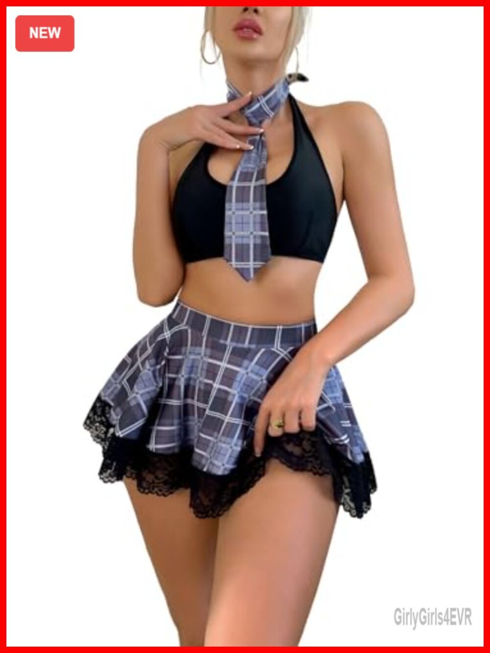 Sexy School Girl Lingerie Set Halter Crop Top & Plaid Mini Skirt Cosplay Costume